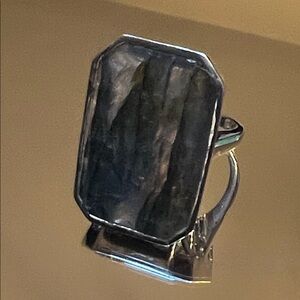 28X18MM EMERALD CUT LABRADORITE RHODIUM STERLING SILVER RING